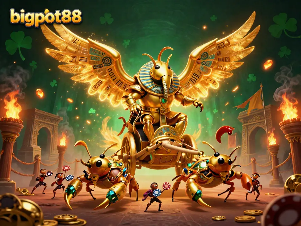Experience thrilling adventures at bigpot88 with a dynamic 3D illustration showcasing a golden scarab and scorpions amidst a vibrant casino setting.