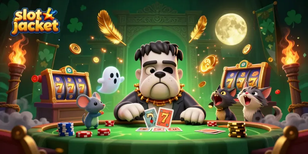 Spin and win with slot jackpot featuring a vibrant 3D cartoon scene with unique characters and casino elements.