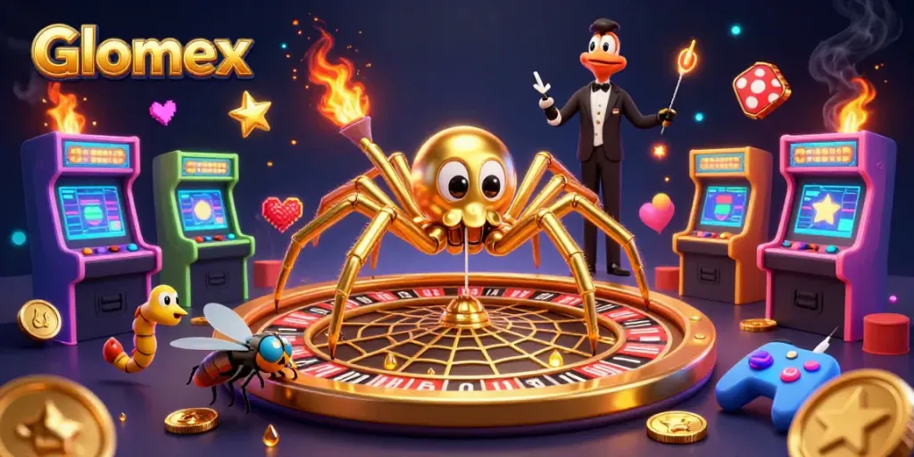 Place bets with Glomex in an engaging casino scene with vibrant characters and lively gaming elements.