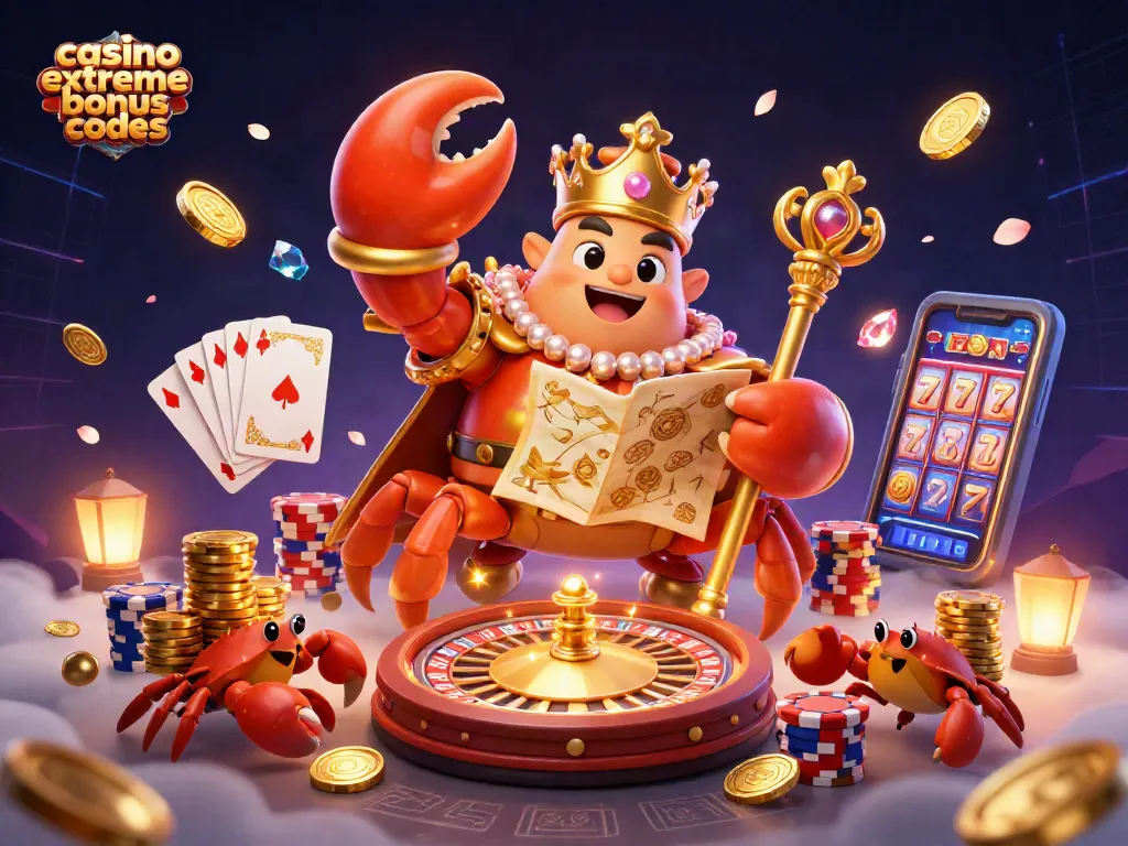 Experience casino extreme bonus codes with a vibrant 3D crab emperor amidst casino elements.