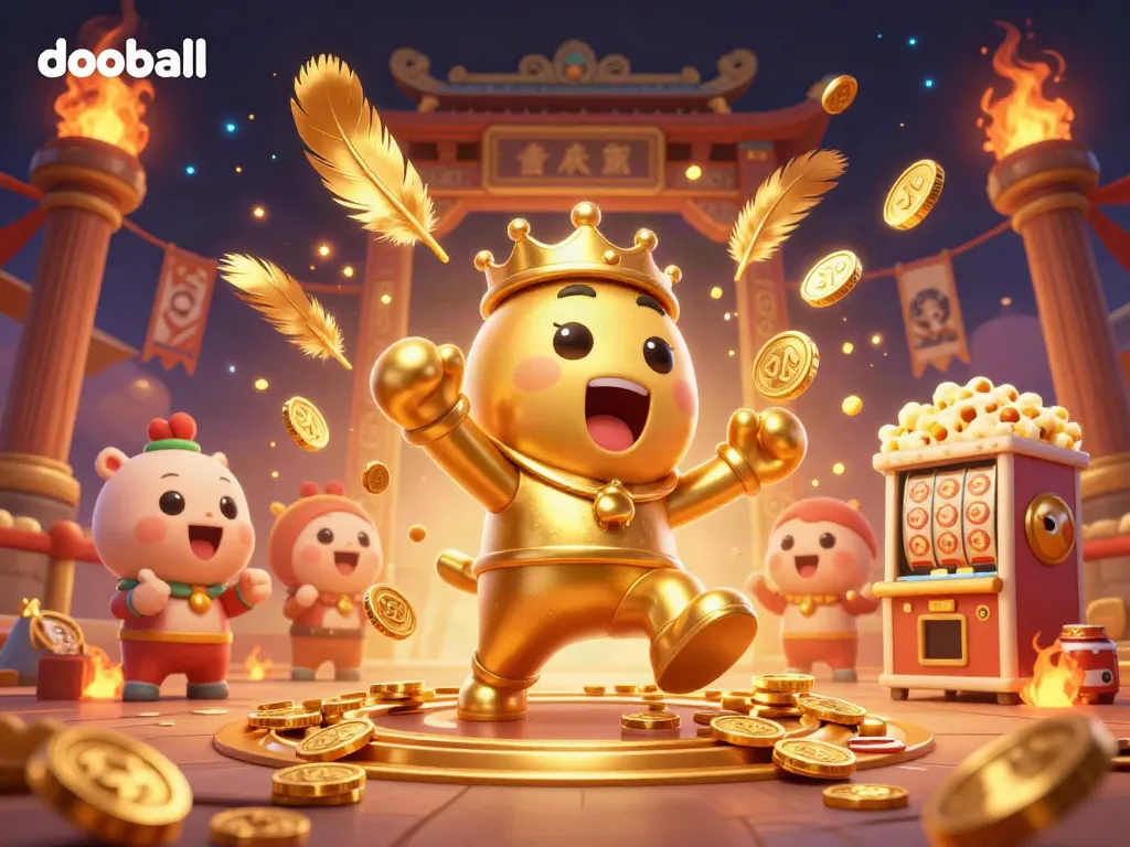 Experience the excitement of dooball with a vibrant 3D illustration of a golden slot machine celebrating a jackpot.