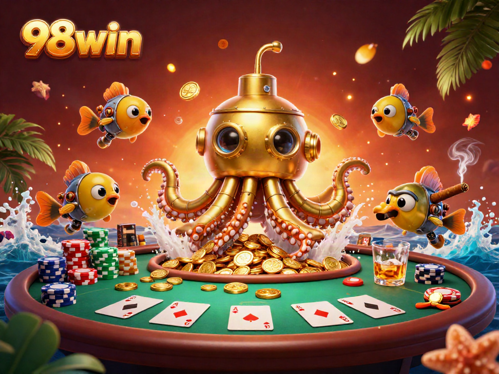 Play with 98win at a vibrant casino, featuring a golden kraken submarine and poker elements.