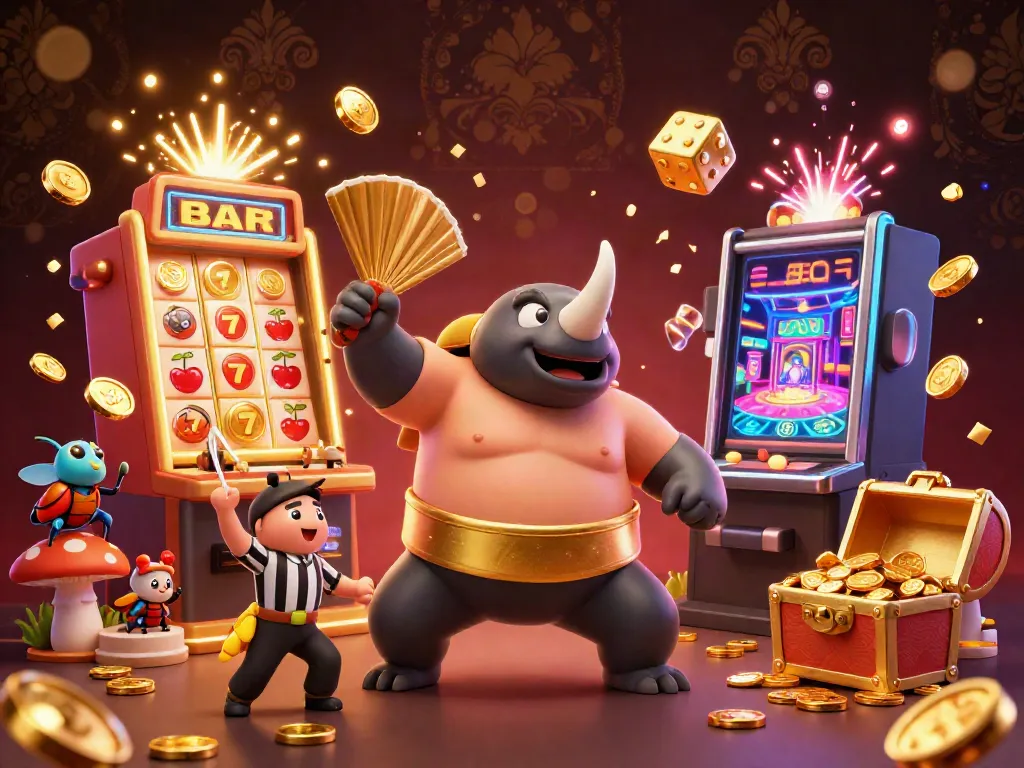 Experience excitement at the website Hay88 with a thrilling 3D casino scene featuring a rhinoceros beetle champion amidst slot machines and golden coins.