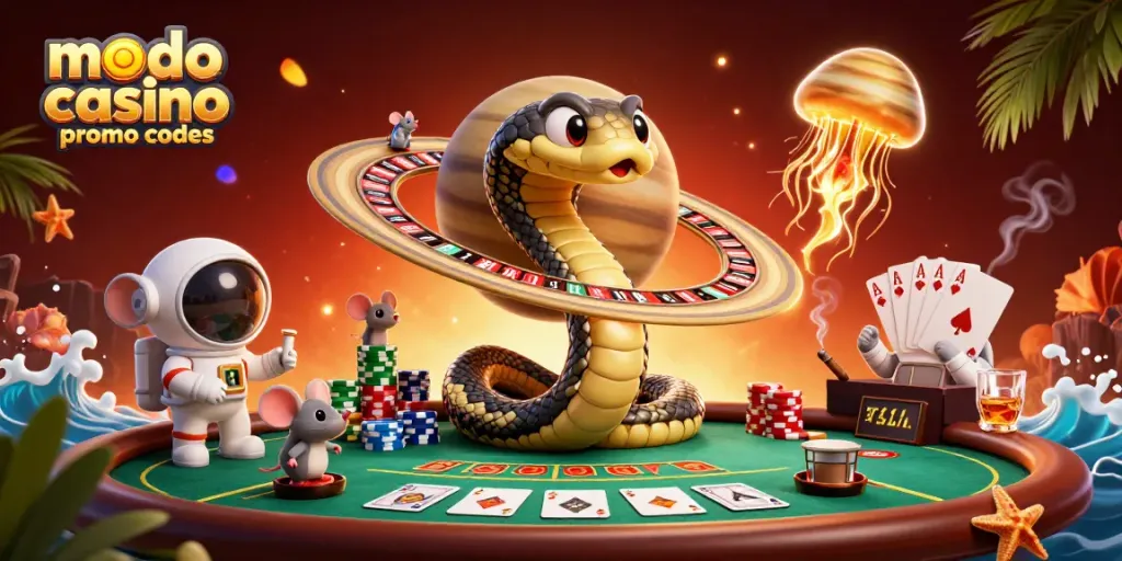 Place bets and win with modo casino promo codes at a vibrant 3D casino scene.