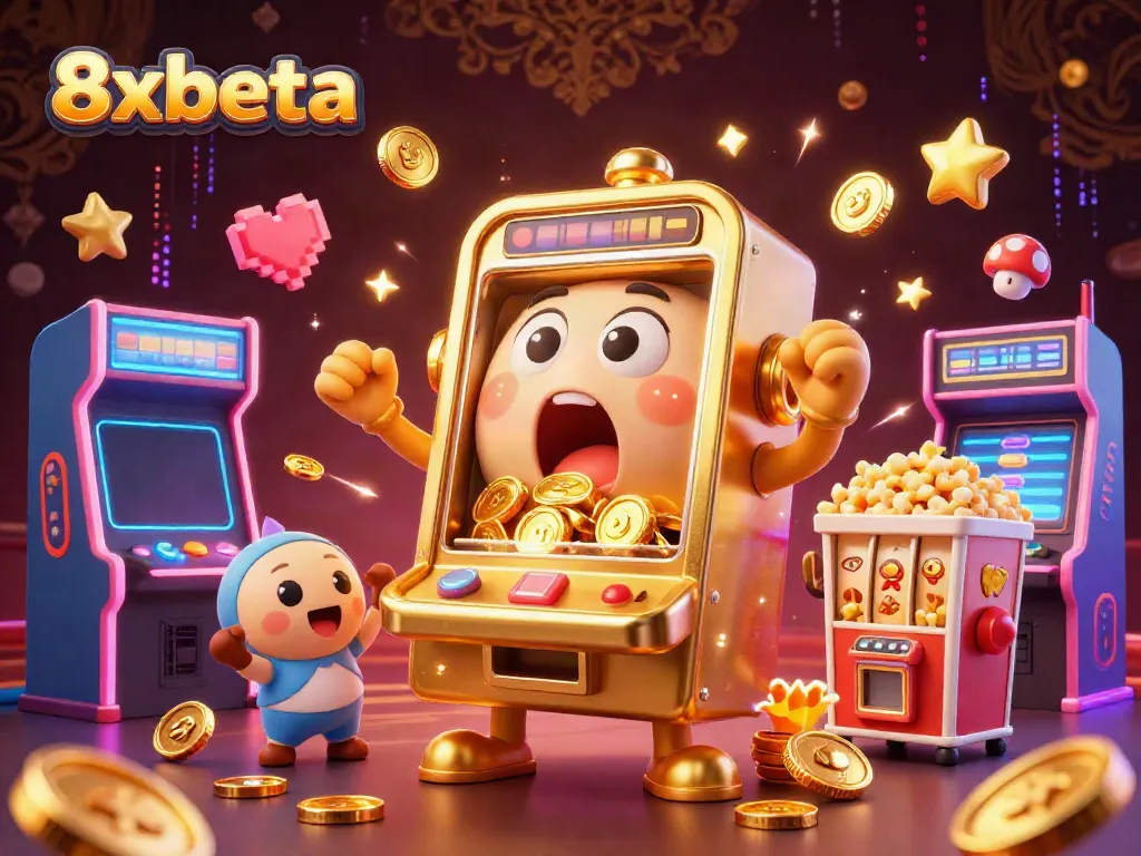 Experience the thrill of 8xbeta with jackpot-winning slot machines amidst a vibrant arcade atmosphere.