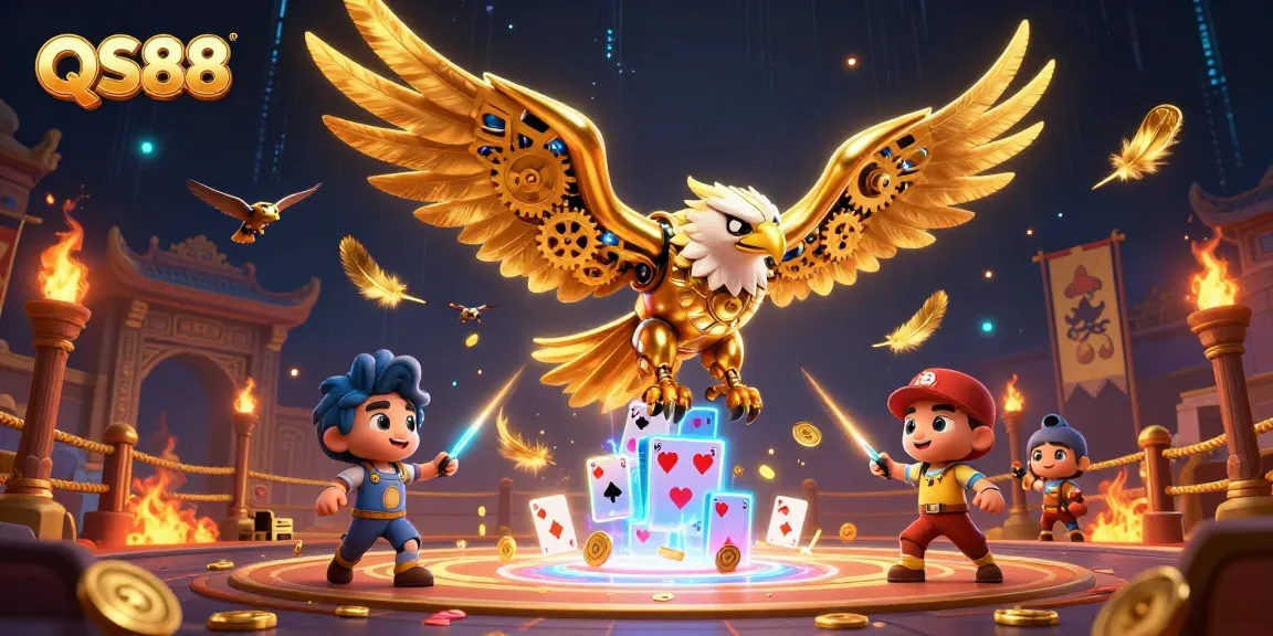 Engage with QS88's thrilling casino experience featuring dynamic flying cards and a vibrant golden eagle.