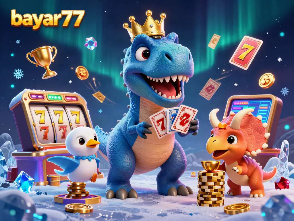 Experience seamless gaming with bayar77 as a T-Rex and friends play cards among vibrant slot reels and jackpots.
