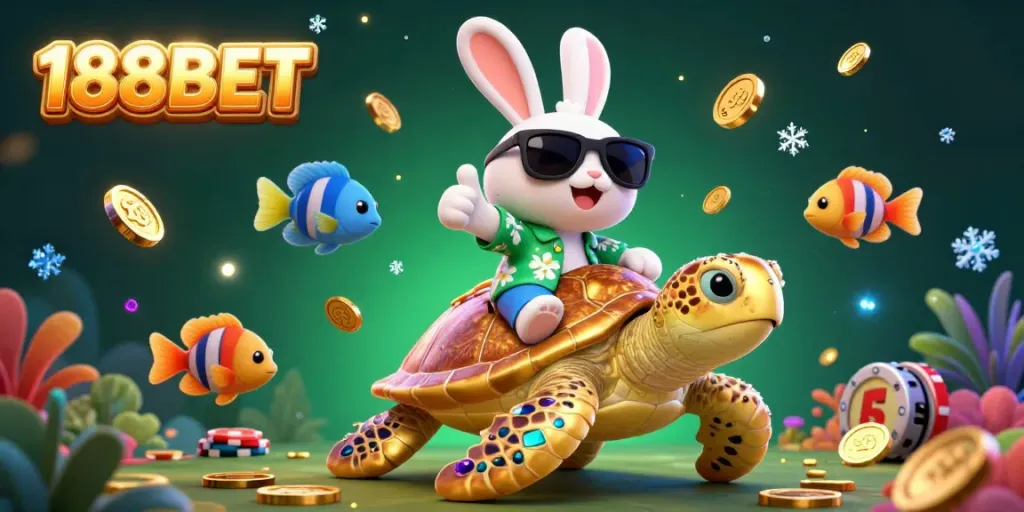 Join the excitement at 188BET with a lucky rabbit and golden turtle amidst vibrant casino elements.