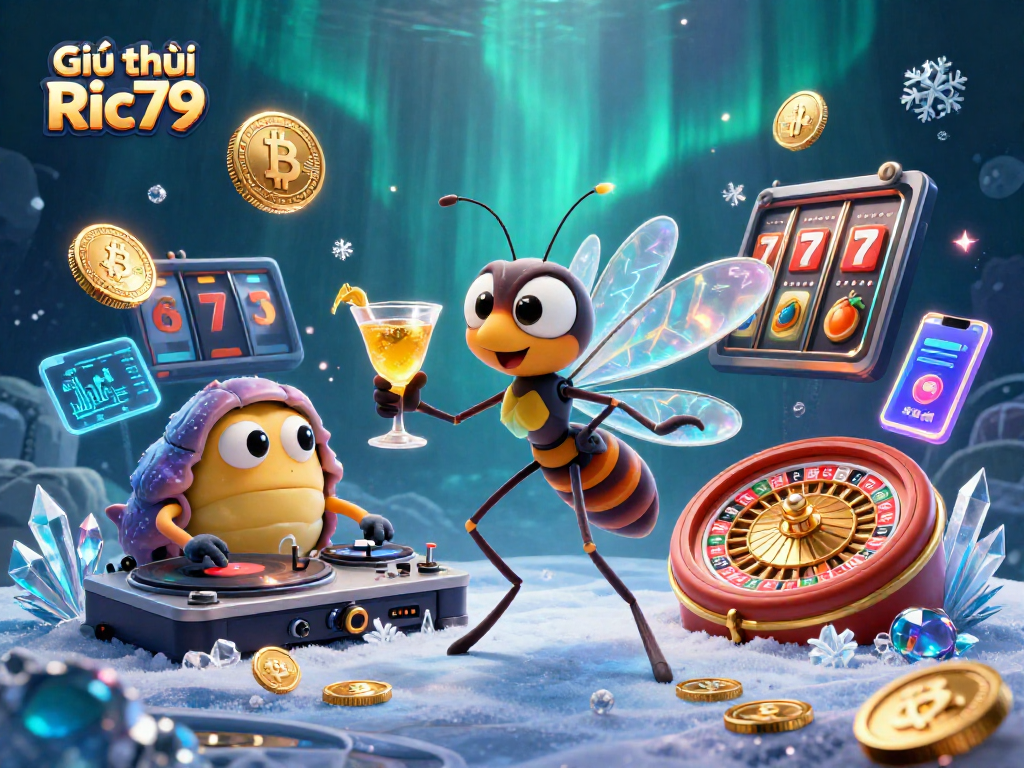 Engaging ultra-detailed 3D scene depicting Giới thiệu Ric79 with unique casino characters and crypto elements.