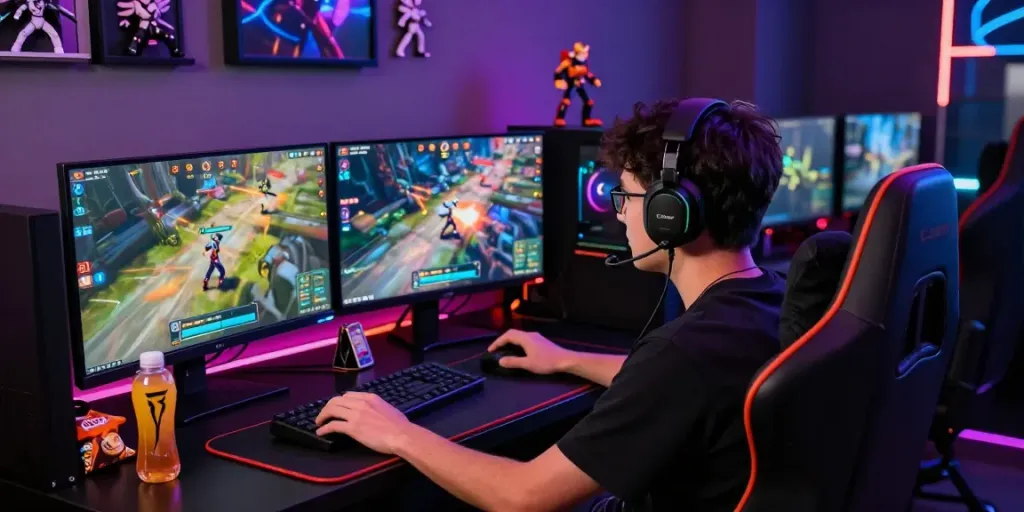 Penggemar badak168 sedang bermain game multiplayer di ruang gaming dengan suasana energik dan pencahayaan LED.