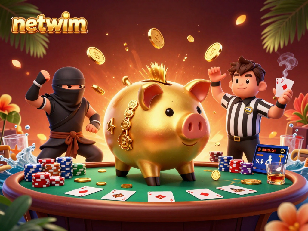 Experience the excitement at netwim with lively characters battling at a poker table!