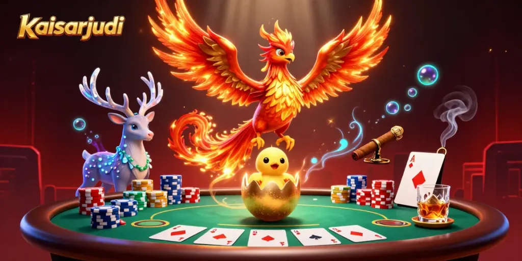 Kaisarjudi showcases an energetic 3D scene of a phoenix and mystical stag amidst vibrant poker elements