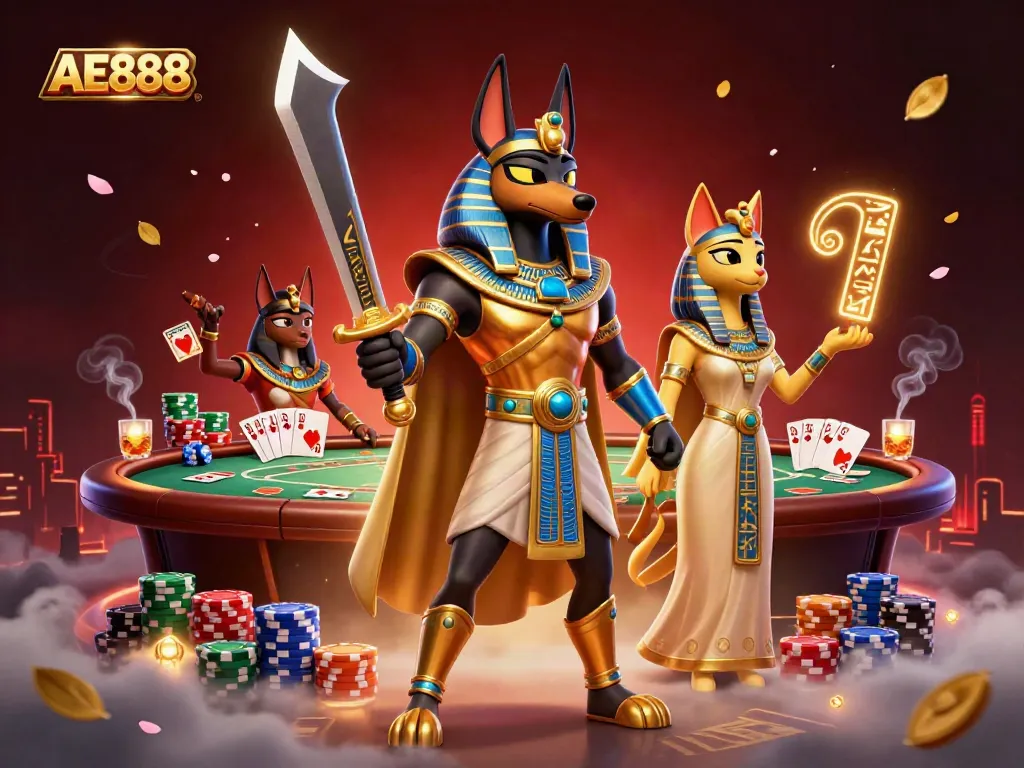 Engage with AE888's dynamic poker scene featuring Anubis and Bastet amidst vibrant casino elements.