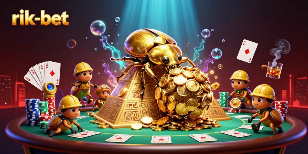 Bet big on rik-bet as cartoon beetles roll gold coins in a vibrant casino scene.