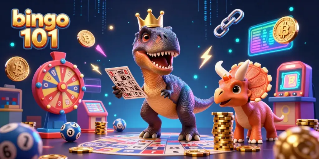 Menggenggam kartu bingo di tipis T-Rex dan menumpuk chip emas sambil bermain bingo 101 secara seru.