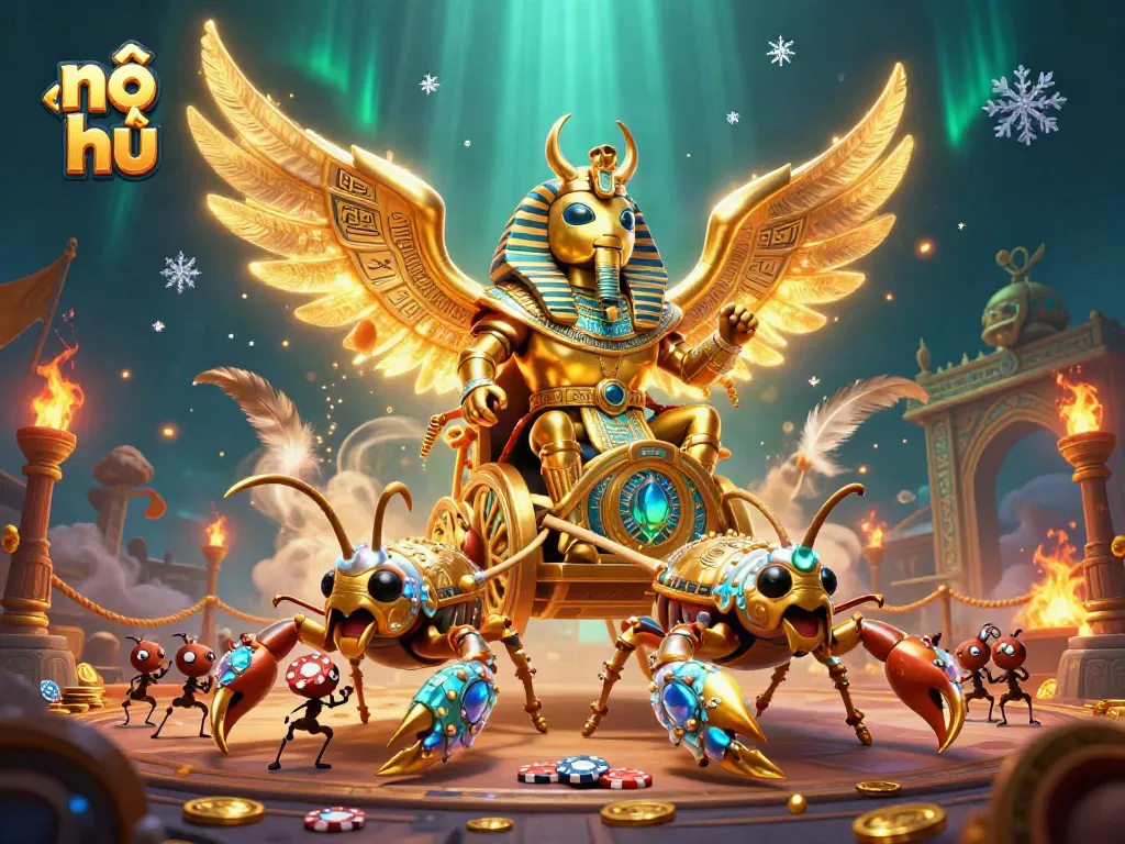 Engage in nổ hũ with a vibrant illustration showcasing a colossal golden scarab beetle in a dazzling casino setting.