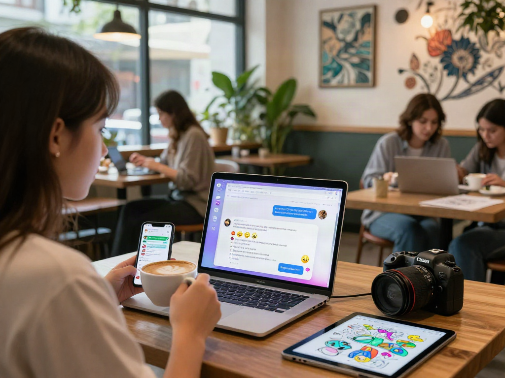 Engaging in hentai AI chat on a laptop in a cozy café setting, showcasing digital interaction.