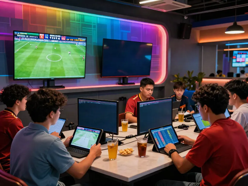 Excited bettors engaging with WWBOLA during live soccer matches in a vibrant sports lounge.