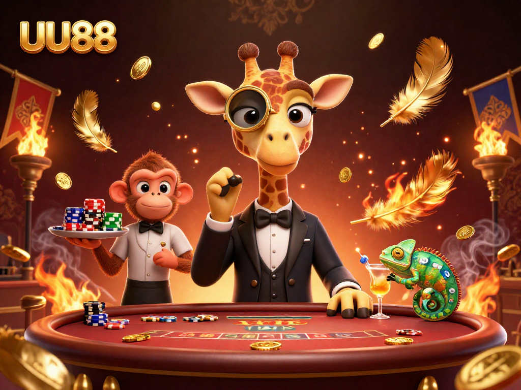 Experience the excitement of UU88 with a high-roller giraffe at a poker table surrounded by vibrant casino elements.