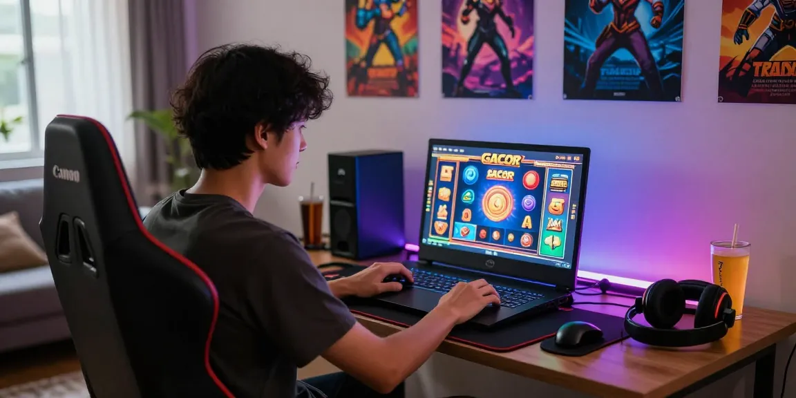 Person enjoying a thrilling online gaming session, showcasing slot gacor excitement in a cozy environment.