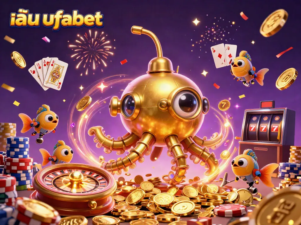 Experience the thrill of playing ufabet with a colorful 3D scene showcasing golden coins, roulette, and gaming excitement.
