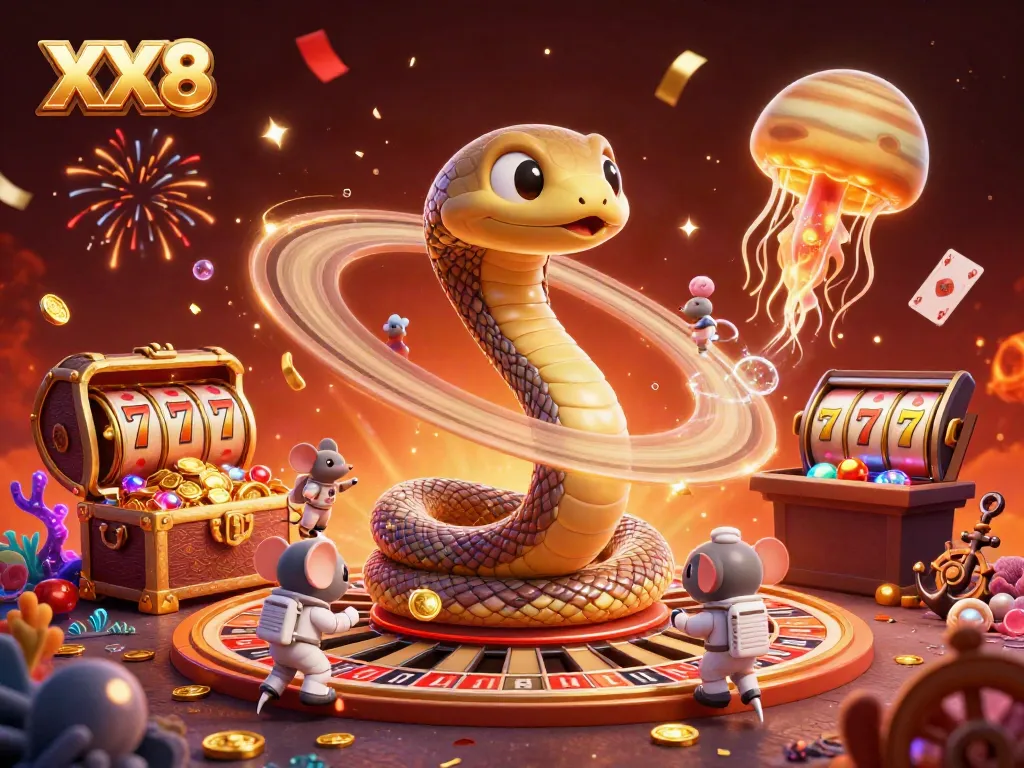 Engaging XX8 casino scene with a Saturn snake and astronaut mice placing bets on a spinning roulette wheel.