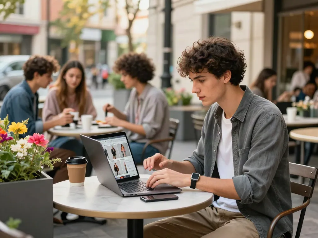 Youthful entrepreneur using digital platform to promote peh888 fashion items in a lively urban café.