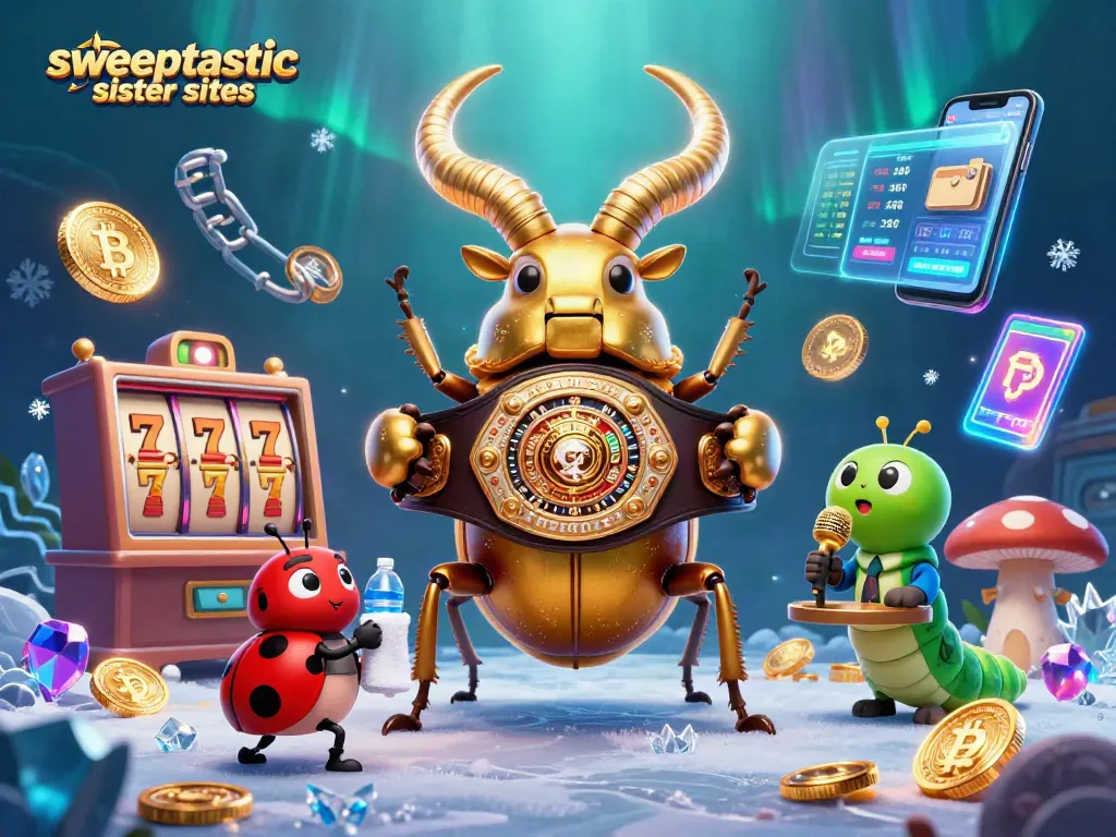 Sweeptastic sister sites showcase 3D casino scene with characters and dynamic gaming elements.