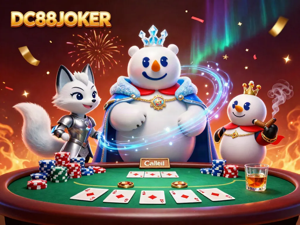 Engage with DC88JOKER in a vibrant poker scene featuring a royal bear and fox, rich in detail.