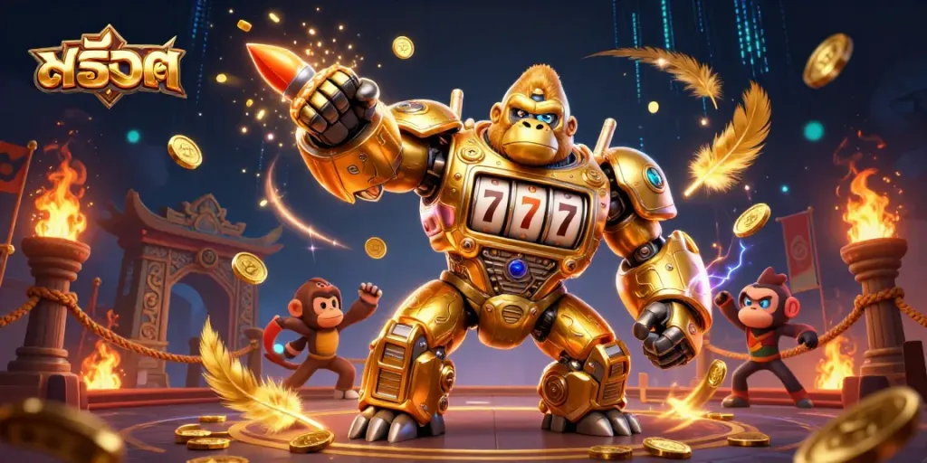 Experience the thrill of สล็อต with a dynamic scene of a golden gorilla mech amidst explosive action.