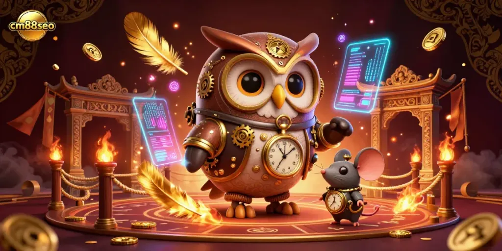 Join the adventure at cm88seo with an exciting steampunk casino scene featuring a time-traveler owl and dynamic gaming elements.