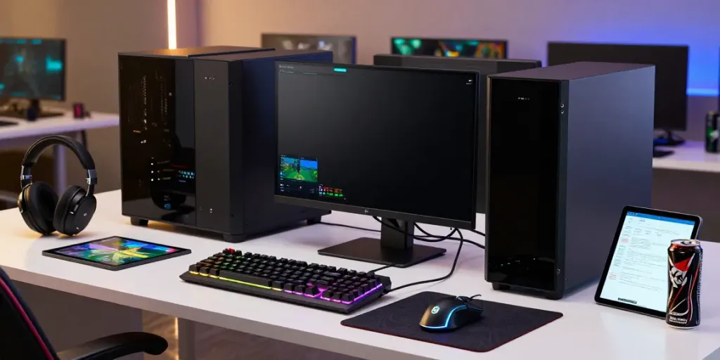 Gaming setup showcasing situs singatoto interface with multiple screens and vibrant colors.