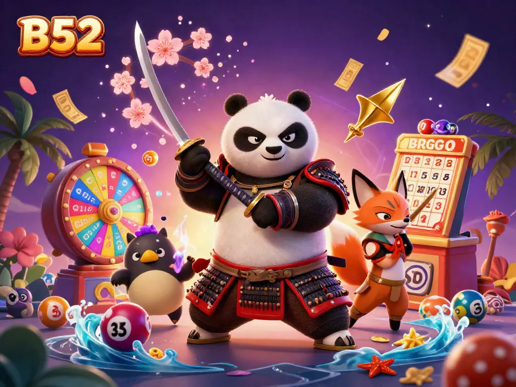 Engage with B52's vibrant online gaming scene showcasing dynamic characters and exciting lottery elements.