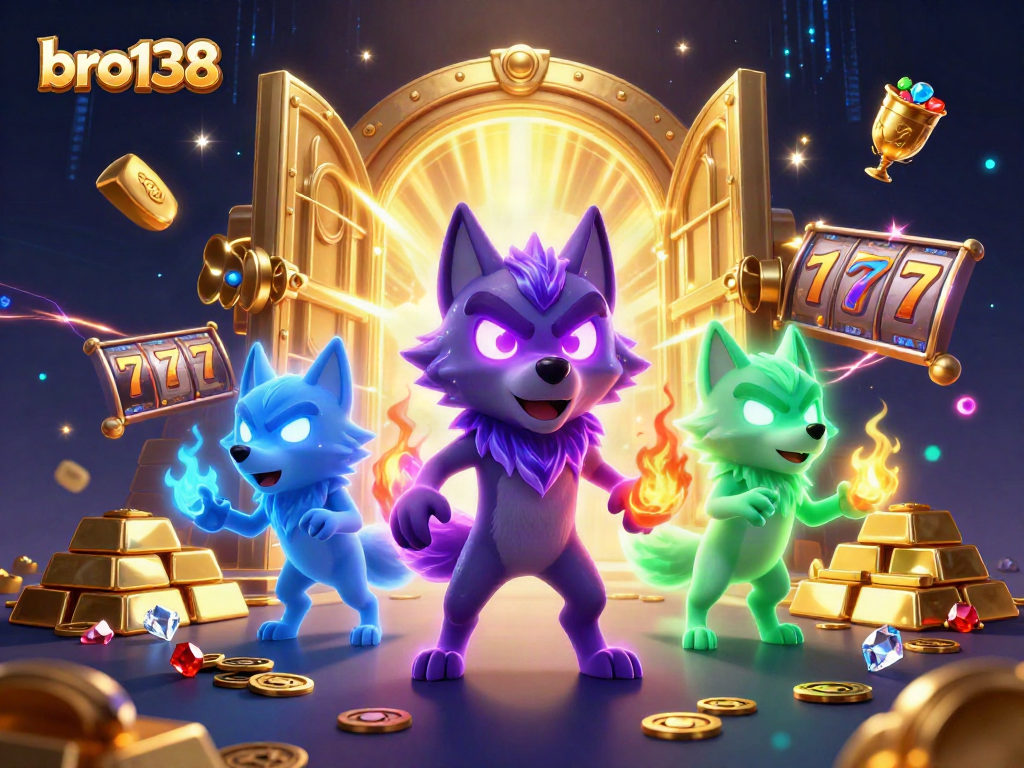 Win big with bro138 in this vivid casino scene filled with treasures and dynamic slot action.