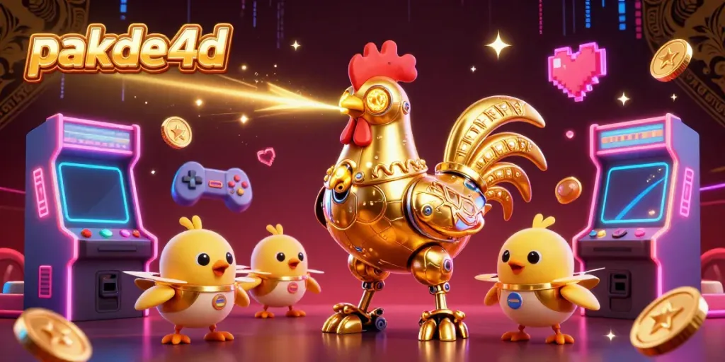 Experience pakde4d with the golden rooster robot and baby chick drones in a vibrant arcade scene.