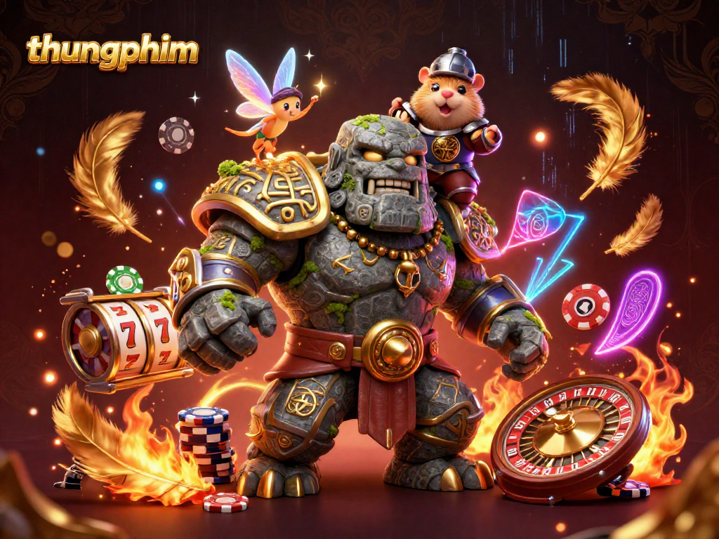 Experience thungphim's dynamic gambling scene with a casino-themed 3D illustration featuring golem and knight characters.