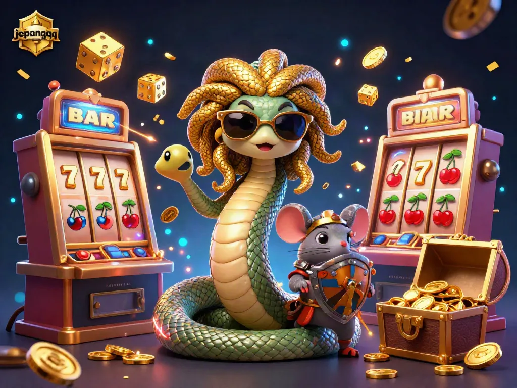 Jepangqq menampilkan ilustrasi permainan kartu dengan Medusa dan karakter menarik lainnya merayakan jackpot.
