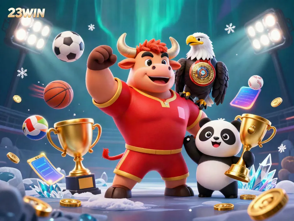 Experience the excitement of 23WIN with a cartoon bull mascot celebrating a victory in this 3D illustration.
