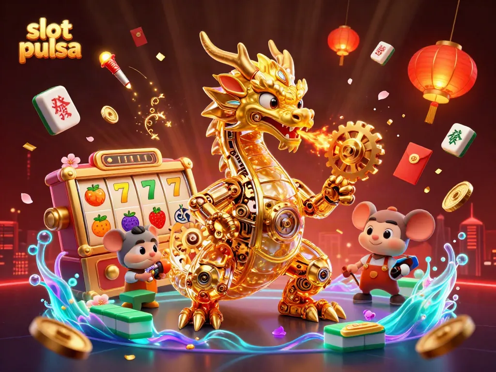 Engage with slot pulsa's exciting features through a whimsical 3D illustration of a golden dragon.