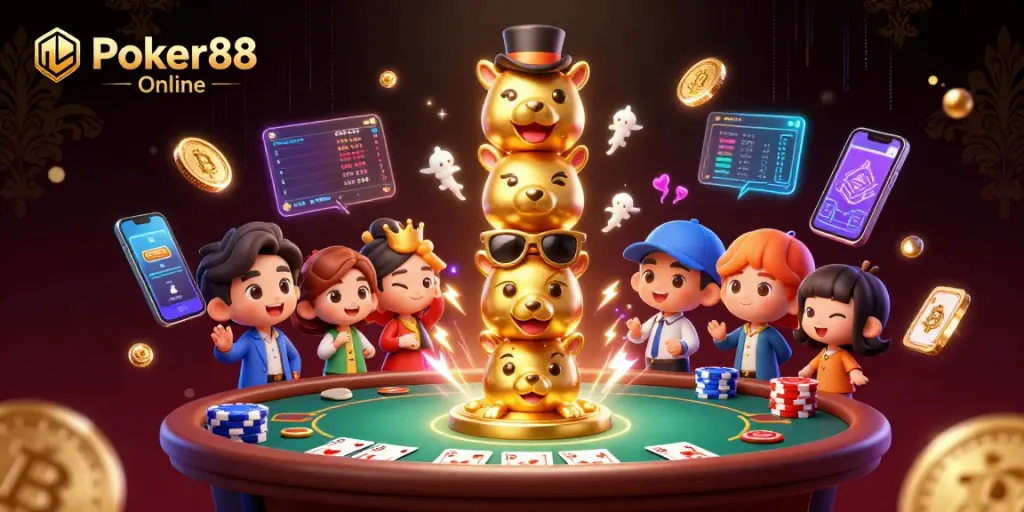 Play Poker88 Online with vibrant characters, poker elements, and crypto coins.
