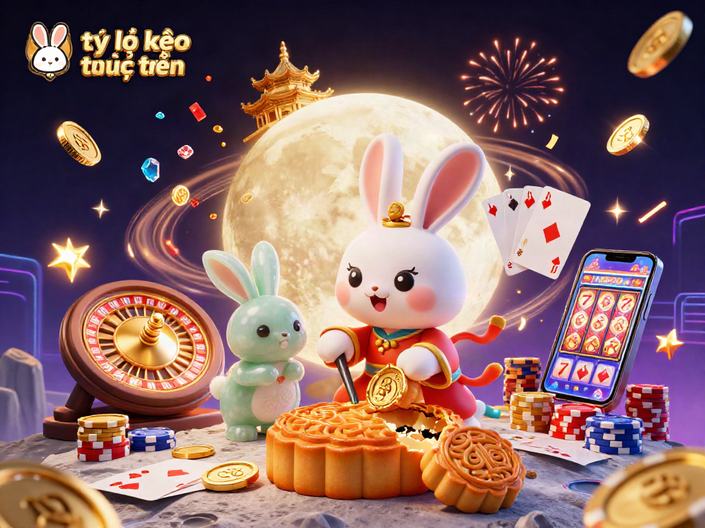 Experience tỷ lệ kèo trực tuyến with a dynamic scene featuring a moon rabbit and casino elements bursting with excitement.
