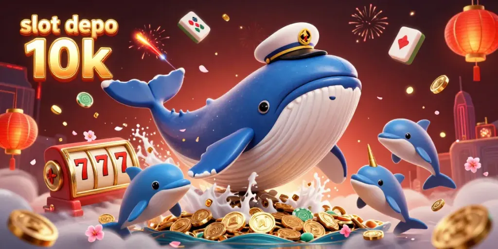 Experience thrilling slot action with the captivating slot depo 10k whale and friends among coins and poker chips.