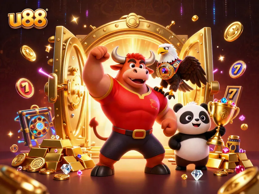 Experience the thrilling world of u88 with a jubilant bull mascot, eagle champion, and panda, amidst rich slot game elements.