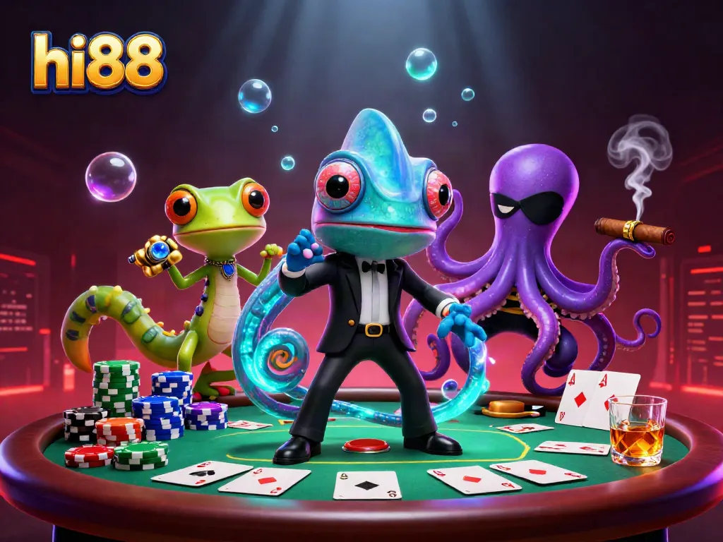 Play poker with hi88's secret agent chameleon and friends in a vibrant casino scene.