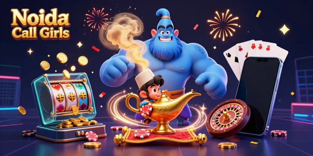 Noida Call Girls in a vibrant 3D gambling scene with genie and poker elements