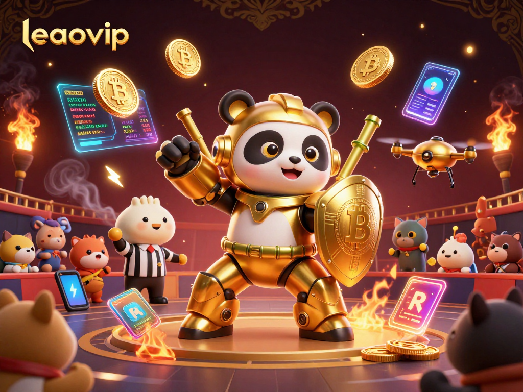 Mainkan leaovip dengan robot bertarung mecha di arena, dikelilingi elemen kripto yang mengagumkan.