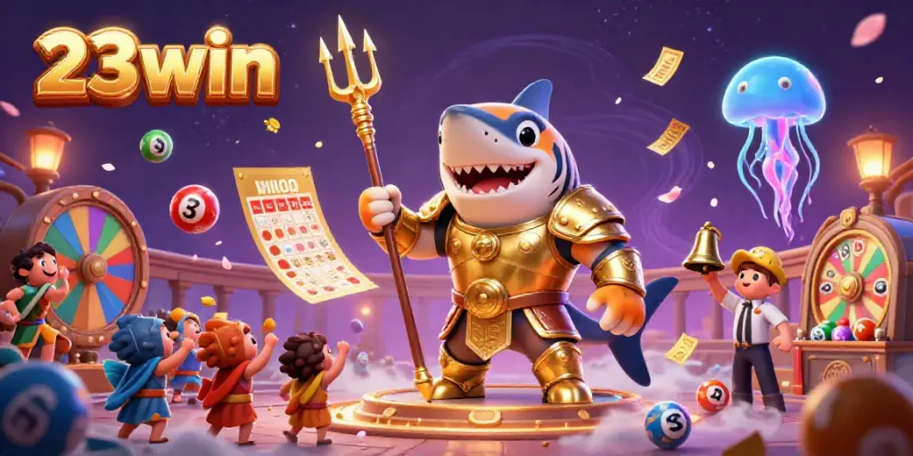 Win big with 23win in this vibrant underwater casino scene featuring a tiger shark and dynamic elements.