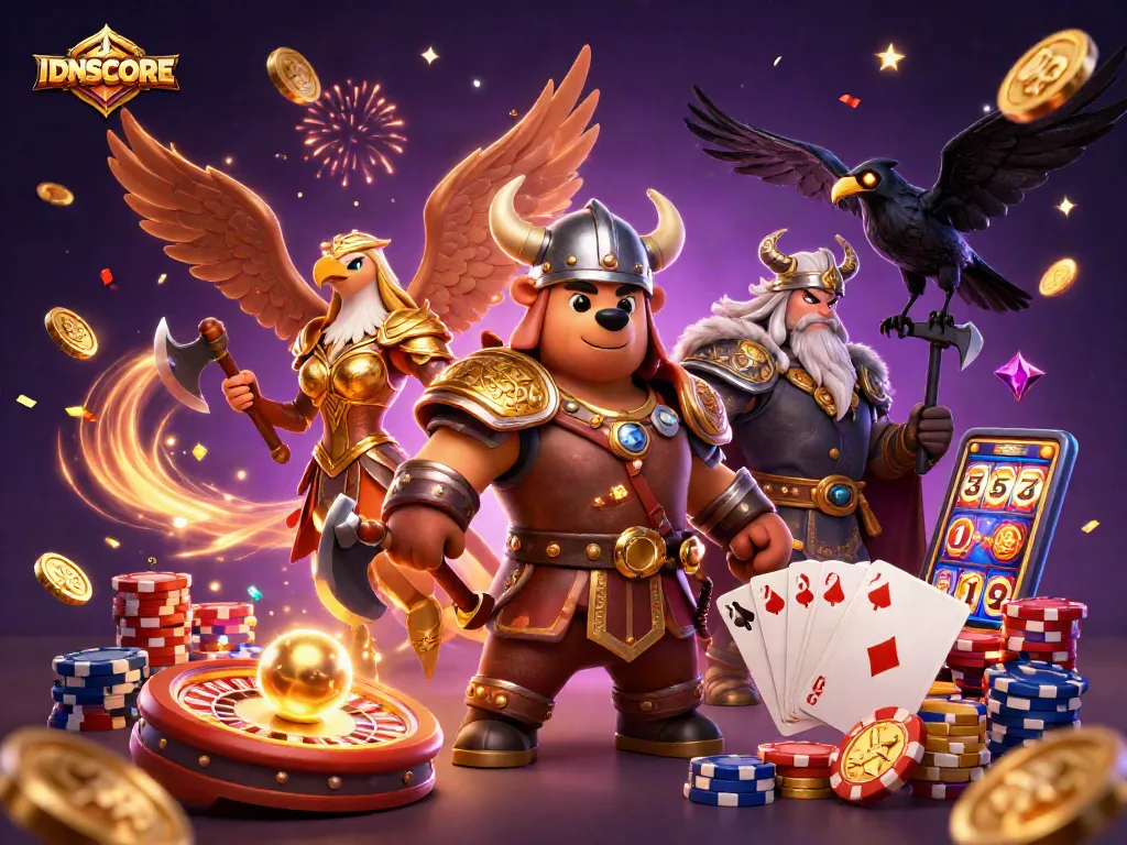 Experience exhilarating gameplay at IDNSCORE with a vibrant scene of winning casino excitement, featuring dynamic characters and game elements.
