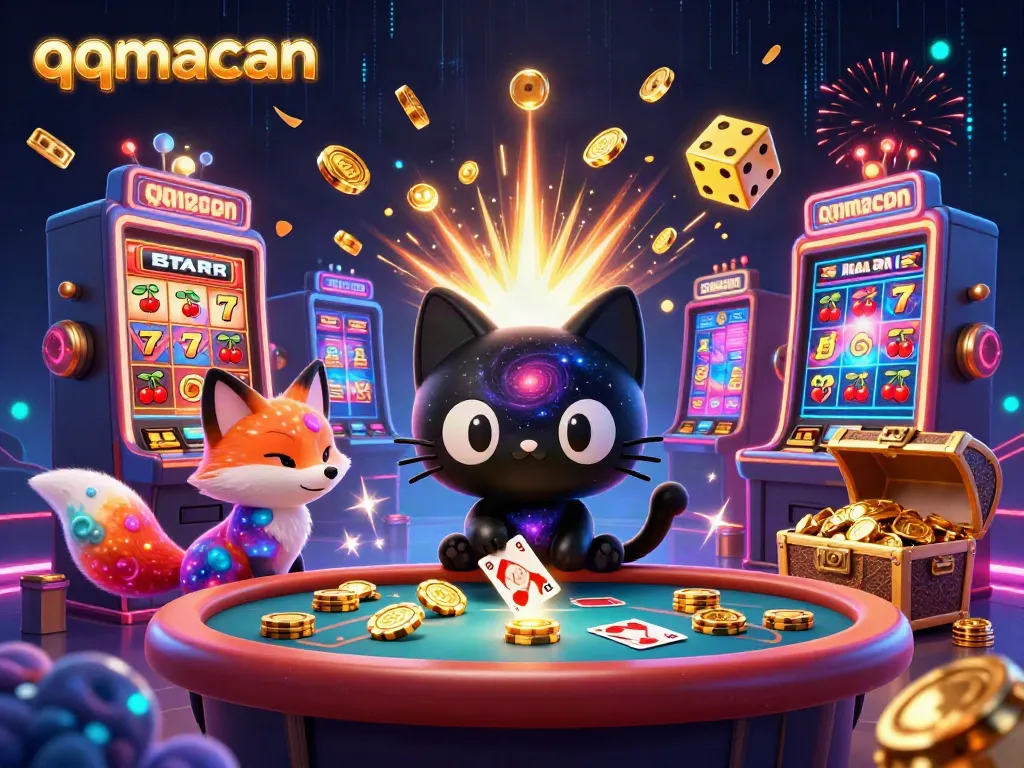 Experience thrilling moments at qqmacan with a cosmic gambling scene featuring exciting games and vibrant characters.