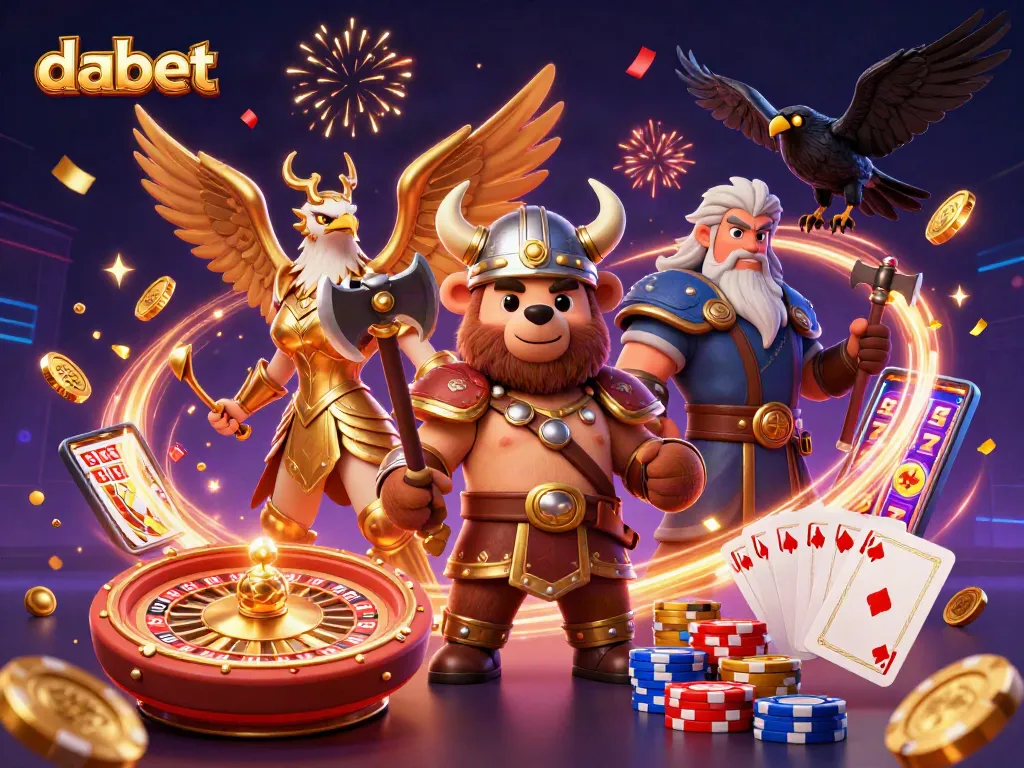 Dabet players enjoy immersive gaming with vibrant elements in a lively casino atmosphere.